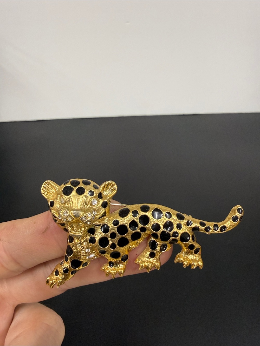 Gold-tone Leopard Brooch with Black Enamel Spots